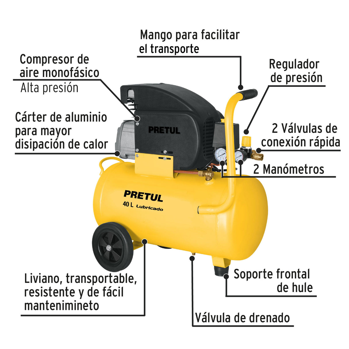 Compresor Lubricado, 40 L, 3 HP, Horizontal, 127 V, Pretul