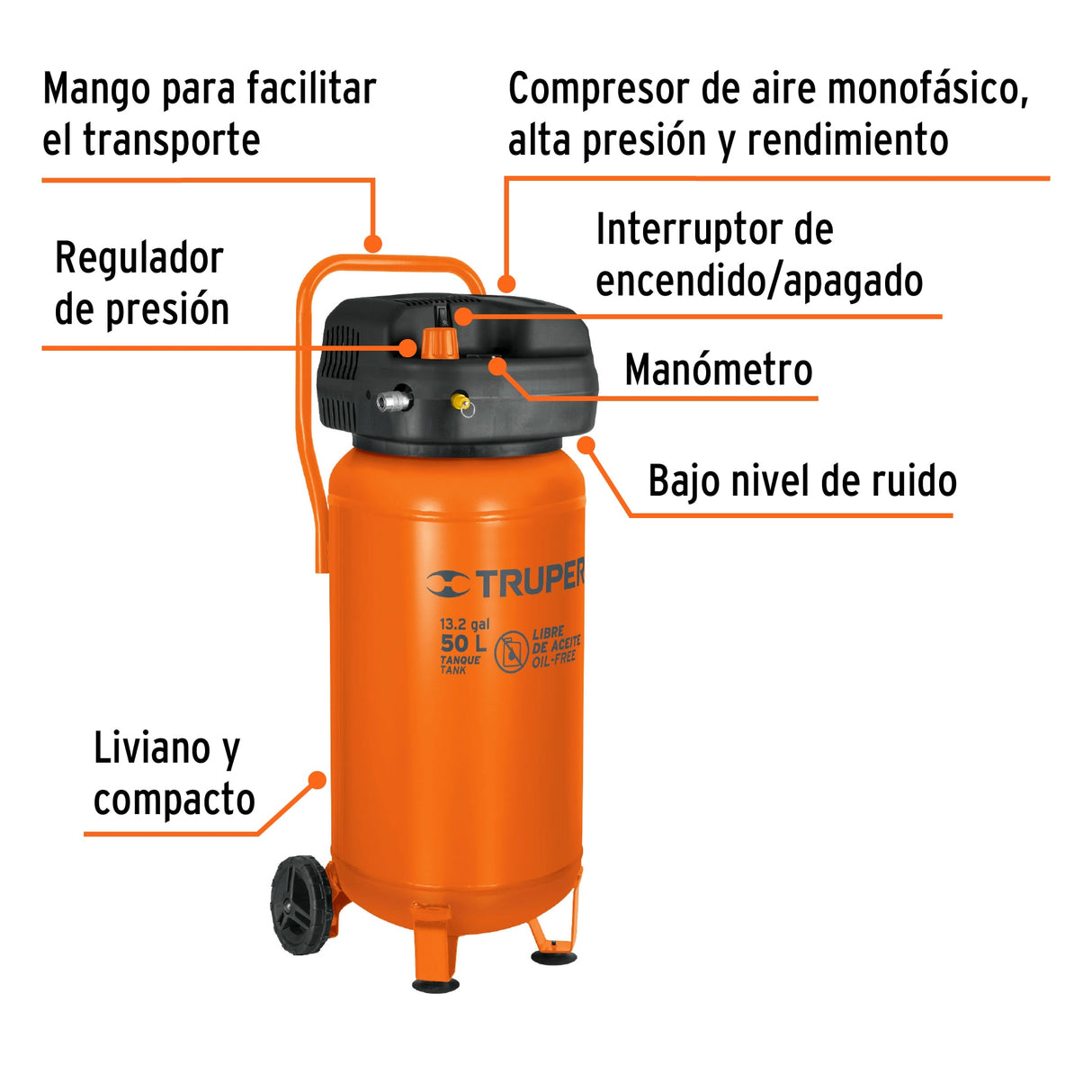 Compresor Libre de Aceite, 50 L, 3 HP, Vertical, 127 V, Truper