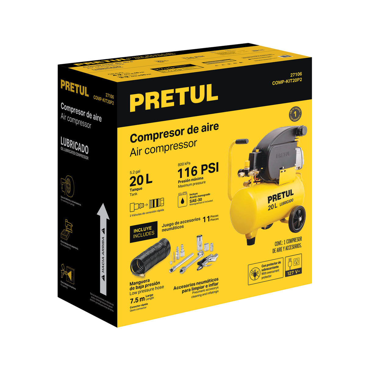 Kit Compresor Lub, 20 L, Manguera y Accesorios, 127 V, Pretul