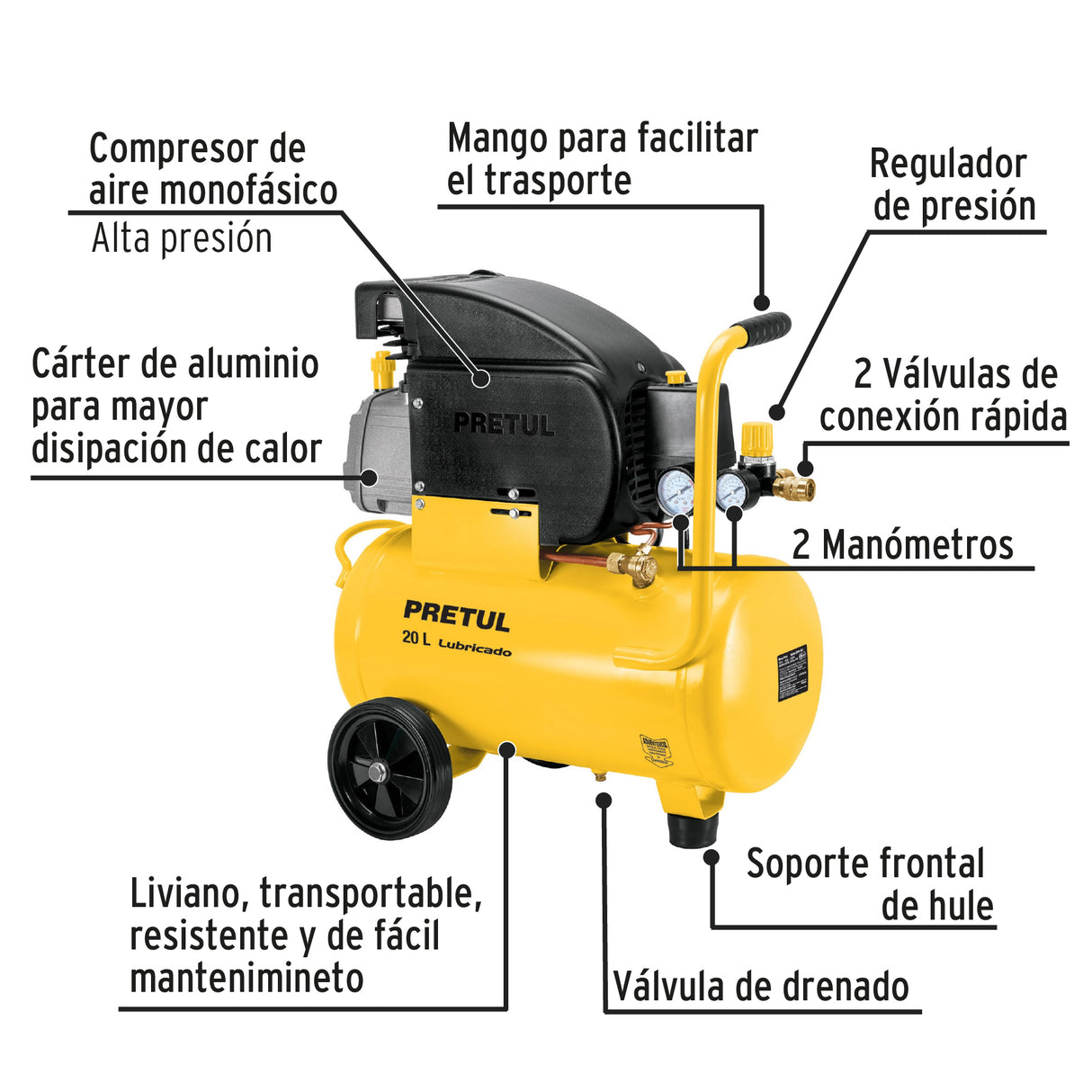 Kit Compresor Lub, 20 L, Manguera y Accesorios, 127 V, Pretul