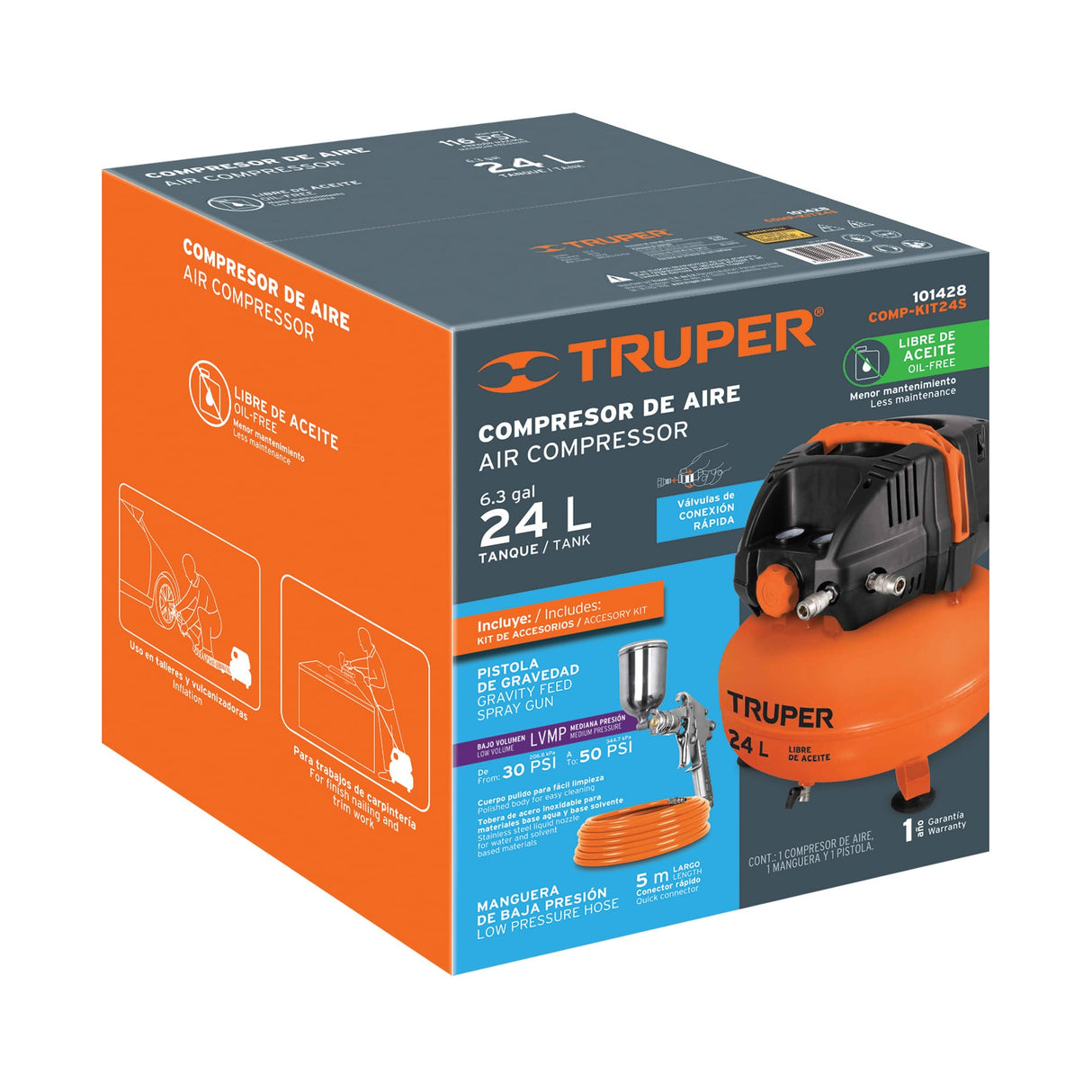 Kit Compresor Libre de Aceite 24 L, Manguera y Pistola, Truper