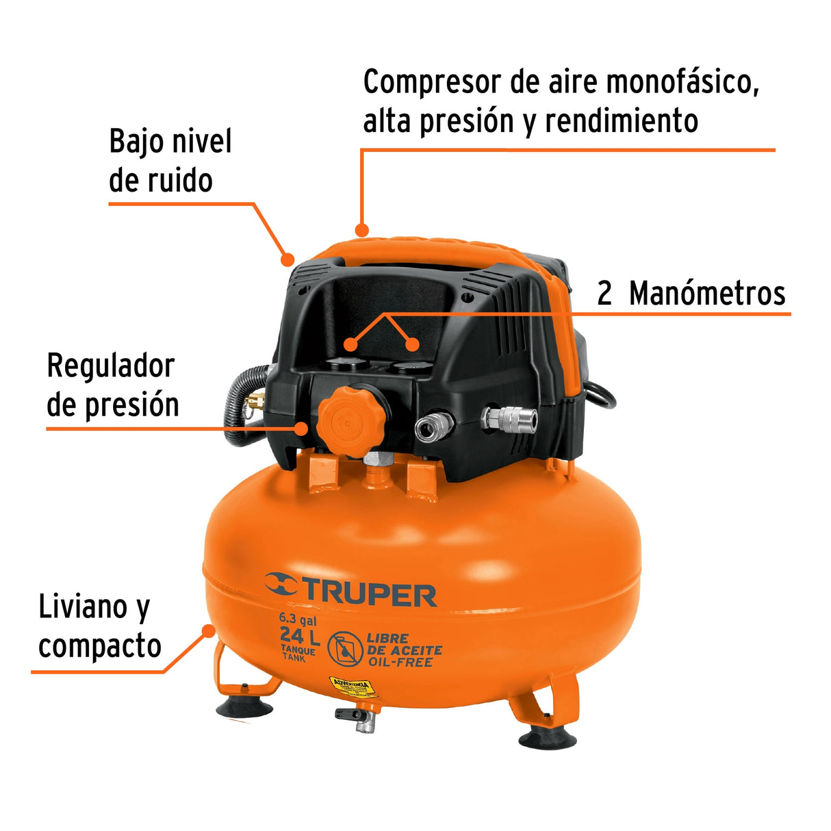 Kit Compresor Libre de Aceite 24 L, Manguera y Pistola, Truper