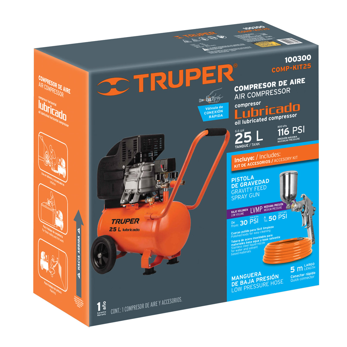 Kit Compresor Lub, 25 L, Manguera y Pistola Grav, 127 V, Truper