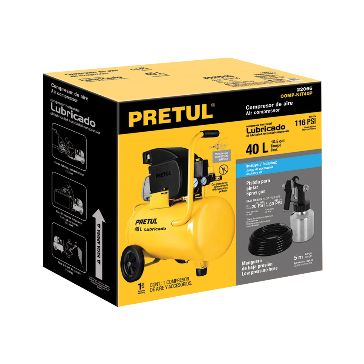Kit Compresor Lub, 40 L, Manguera y Pistola Baja, 127 V, Pretul