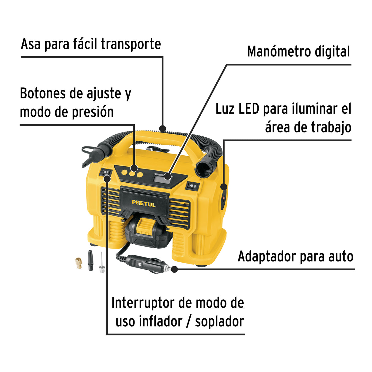 Inflador/Soplador para Auto, 20 V, 1 Batería 2 Ah, Pretul
