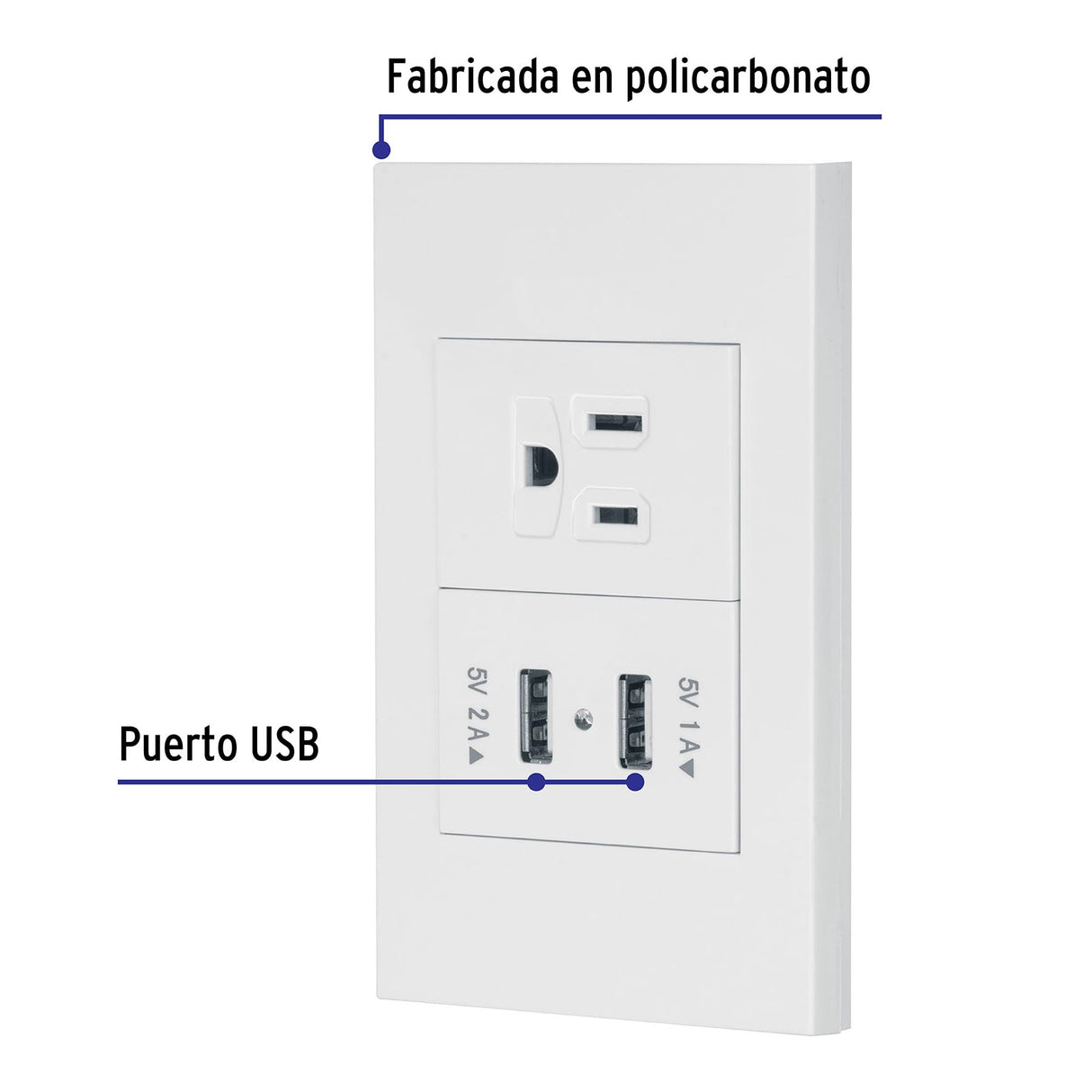 Placa Armada 1CONTACTO, 2PUERTOS USB, 1.5mod, Española, Blanco