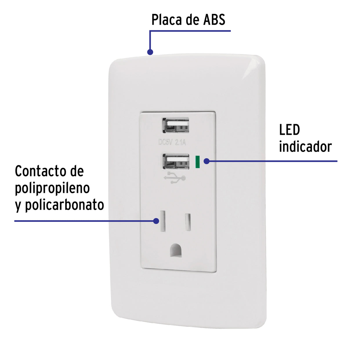 Contacto Aterrizado + 2 Puertos USB, Blanco, Línea Italiana