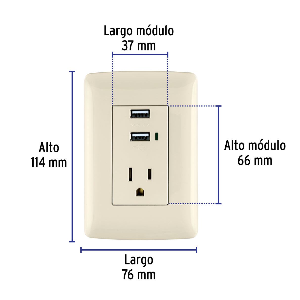 Contacto Aterrizado + 2 Puertos USB, Marfil, Línea Italiana
