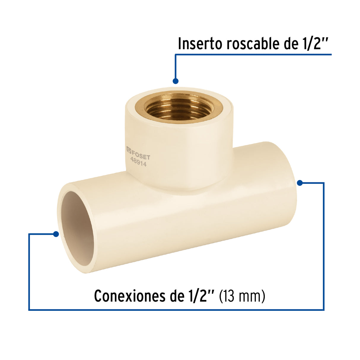 Tee de CPVC 1/2' Rosca Central Hembra Inserto Latón, Foset