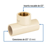 Tee de CPVC 1/2' Rosca Central Hembra Inserto Latón, Foset