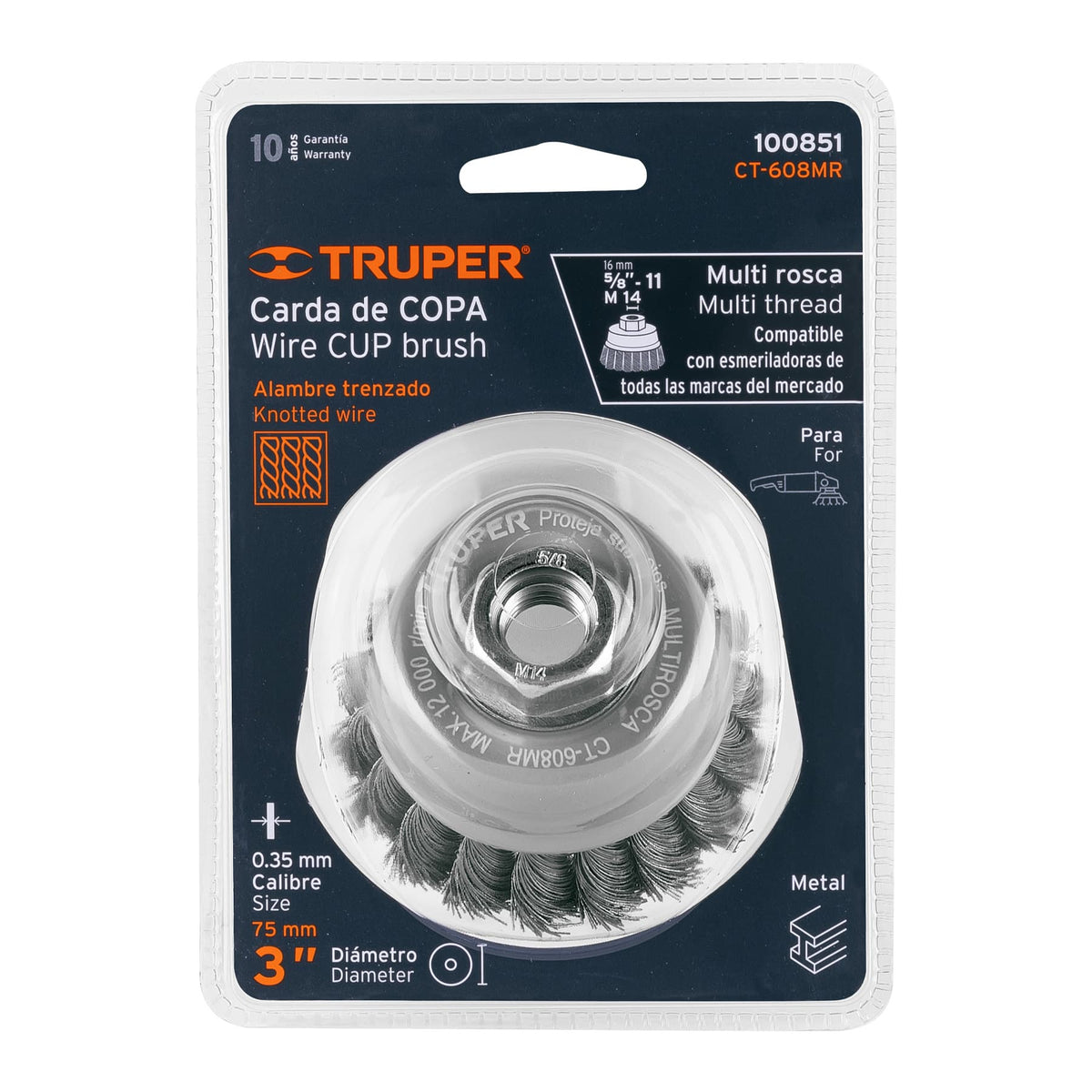 Carda Copa 3' Alambre Trenzado Fino, Multi-rosca, Truper