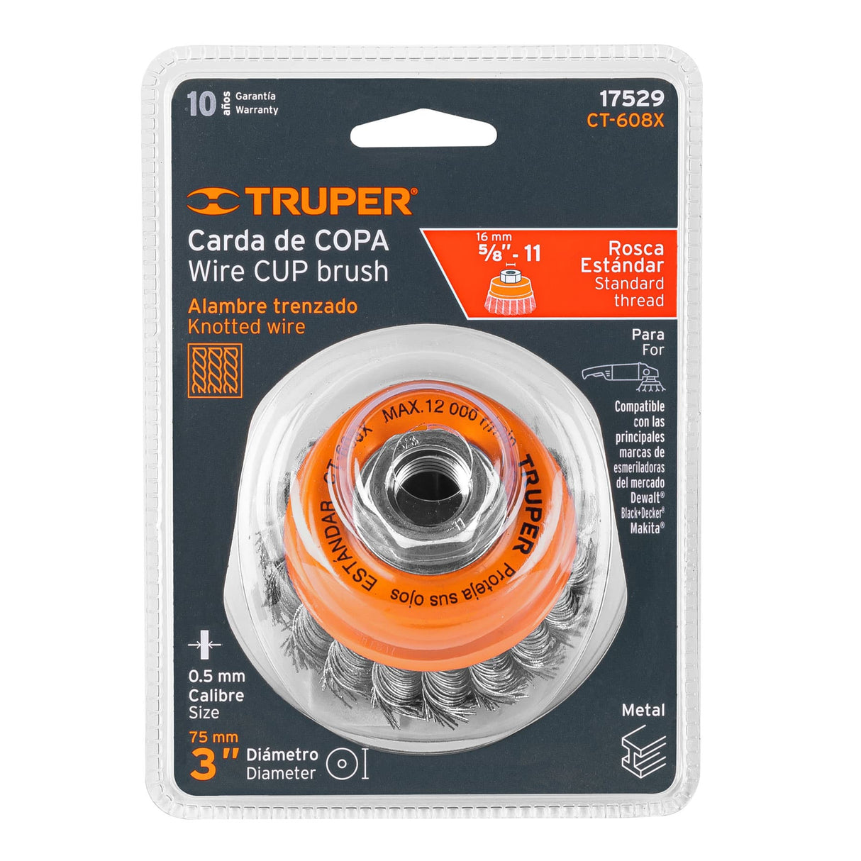 Carda Copa 3' Alambre Trenzado Grueso, Eje 5/8'-11, Truper