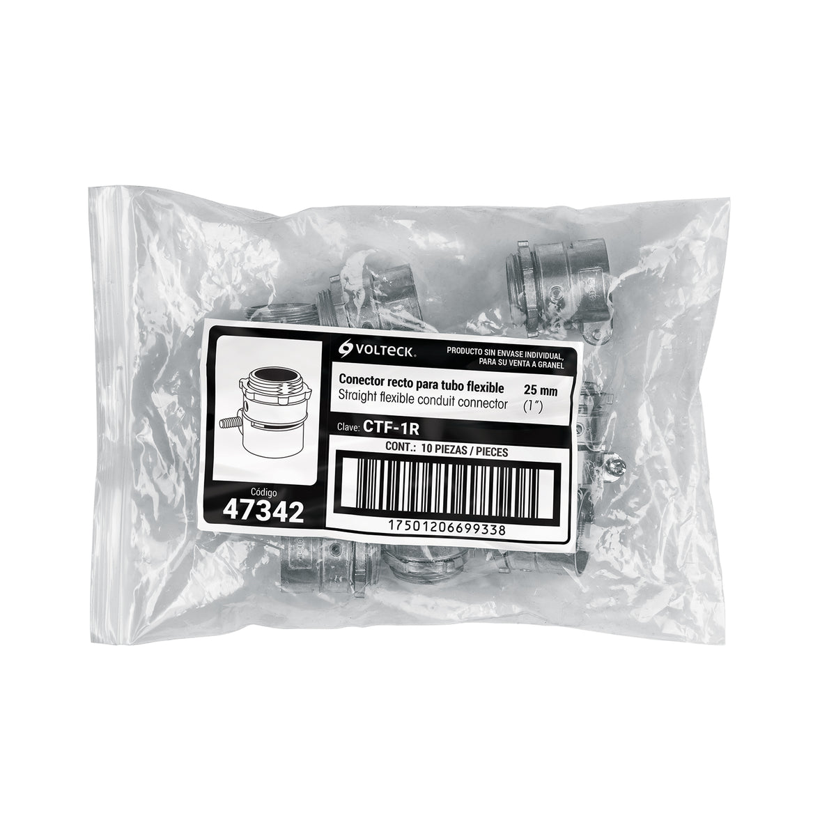 Conector Recto 1' para Tubo Flexible Metálico, Volteck