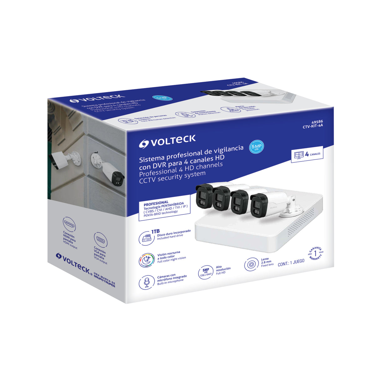 Kit Video Vigilancia, 4 Canales, 4 Cámaras, 5MP, Disco 1TB