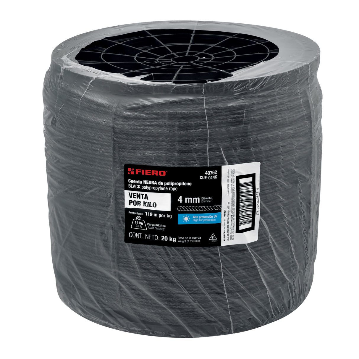 Kilo de Cuerda Negra de Polipropileno 4 mm, Carrete 20 kg