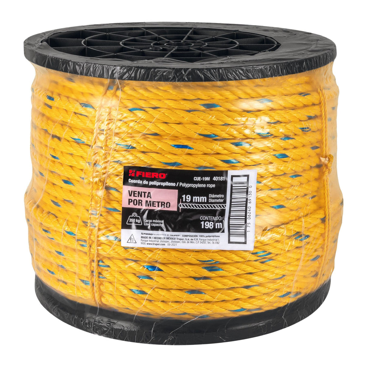 Metro de Cuerda Amarilla de Polipropileno 19 mm, Carrete 198M