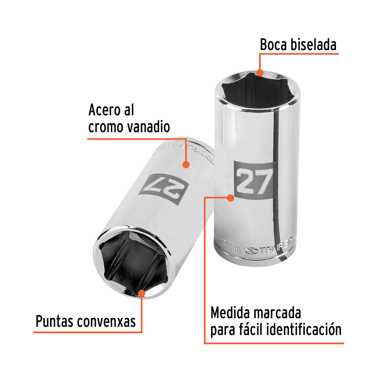 Dado Largo de 27 mm, 6 Puntas, Cuadro 1/2', Truper