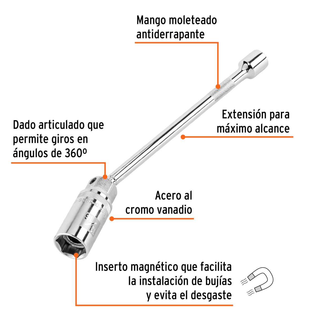 Dado para Bujías Cuadro 3/8' Articulado 13/16', Extensión 10'