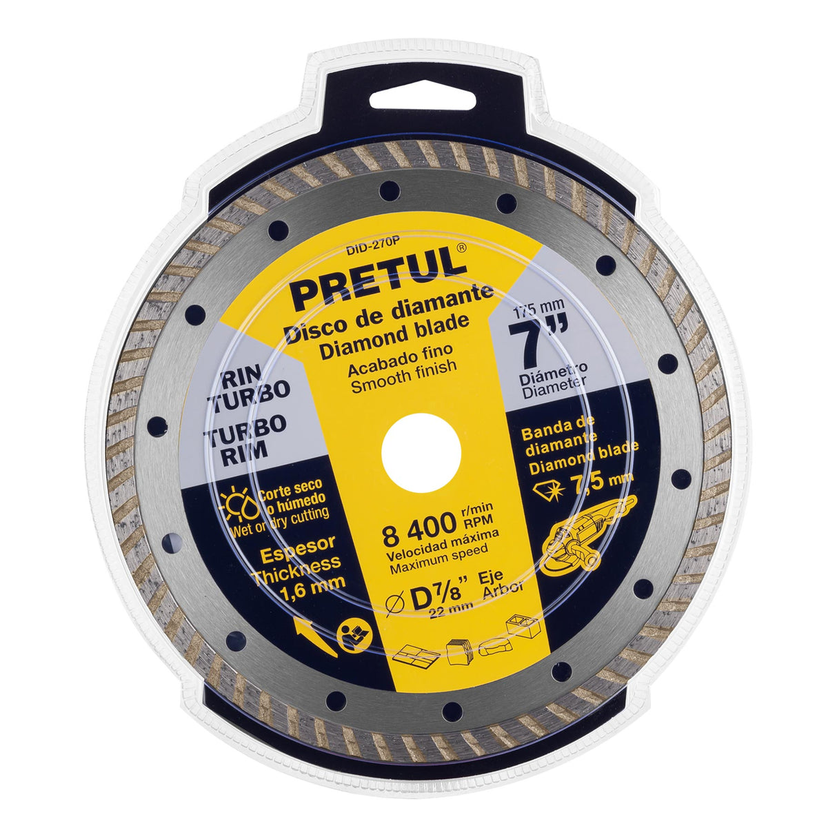 Disco de Diamante de 7' X 1.6 mm, Rin Turbo, Pretul