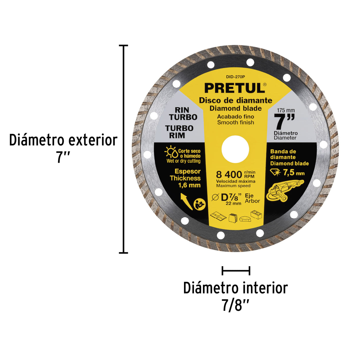 Disco de Diamante de 7' X 1.6 mm, Rin Turbo, Pretul