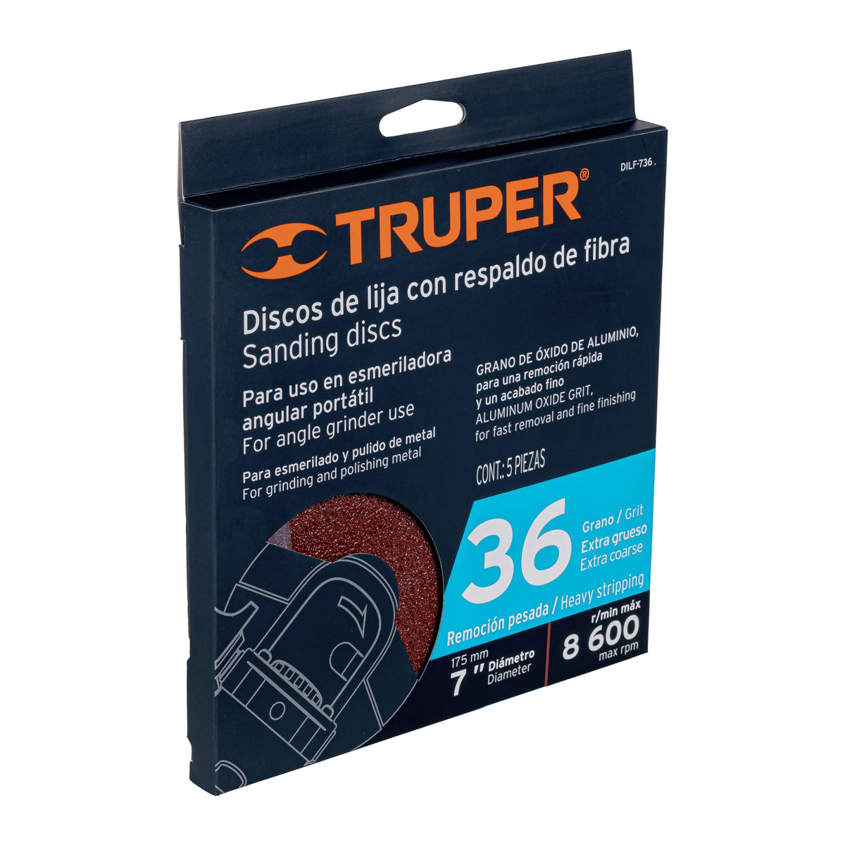 Disco de Lija de 7' con Respaldo de Fibra, Grano 36, Truper