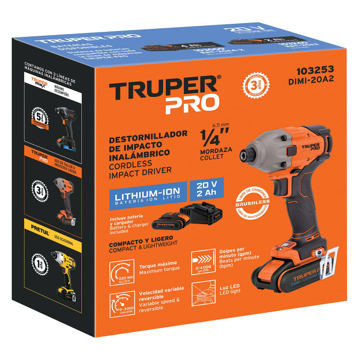 Destornillador de Impacto 1/4', 20 V, 1 Batería 2 Ah, Pro