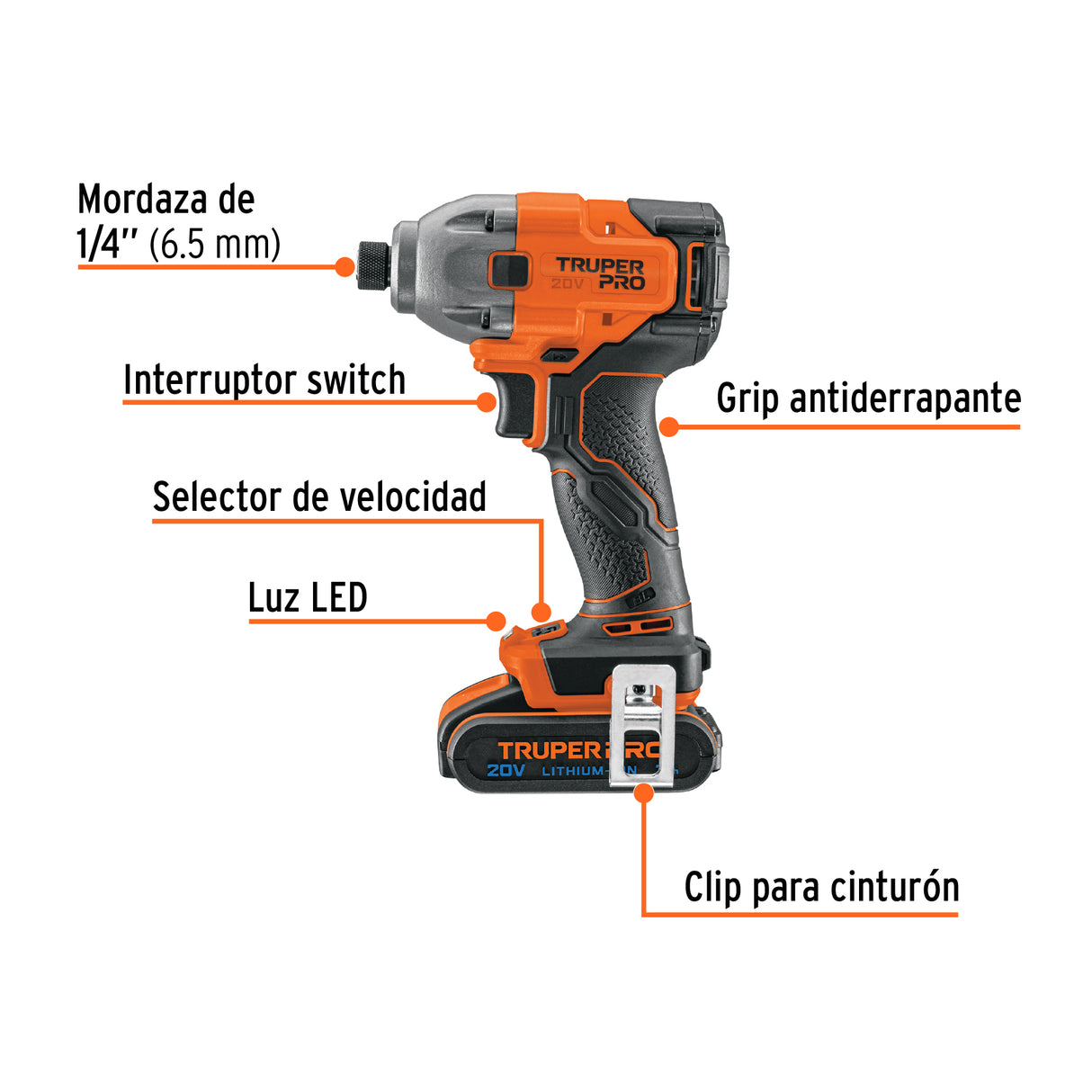 Destornillador de Impacto 1/4', 20 V, 1 Batería 2 Ah, Pro