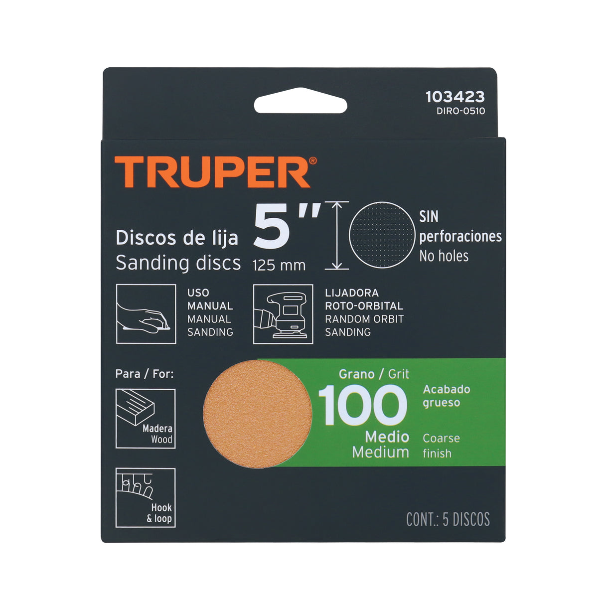 Paquete con 5 Discos de Lija 5' Grano 100, Ciegos, Truper