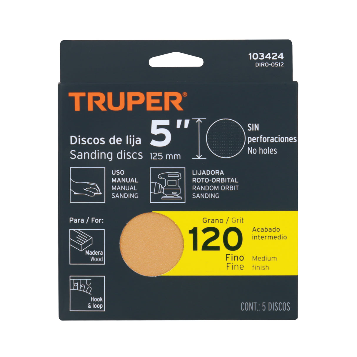 Paquete con 5 Discos de Lija 5' Grano 120, Ciegos, Truper