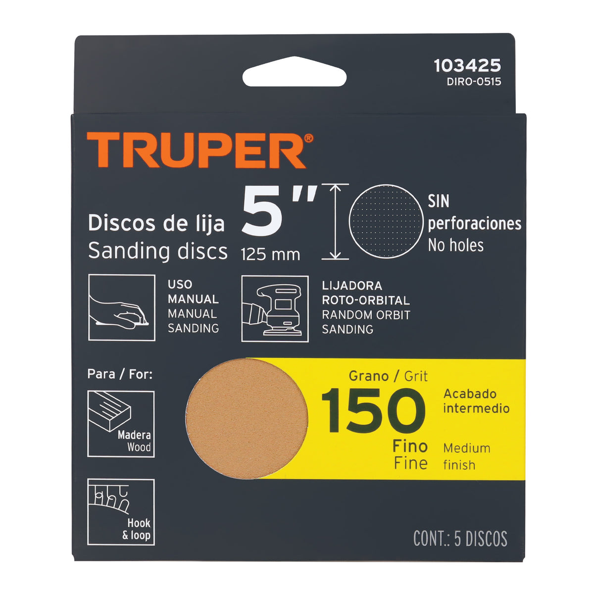 Paquete con 5 Discos de Lija 5' Grano 150, Ciegos, Truper