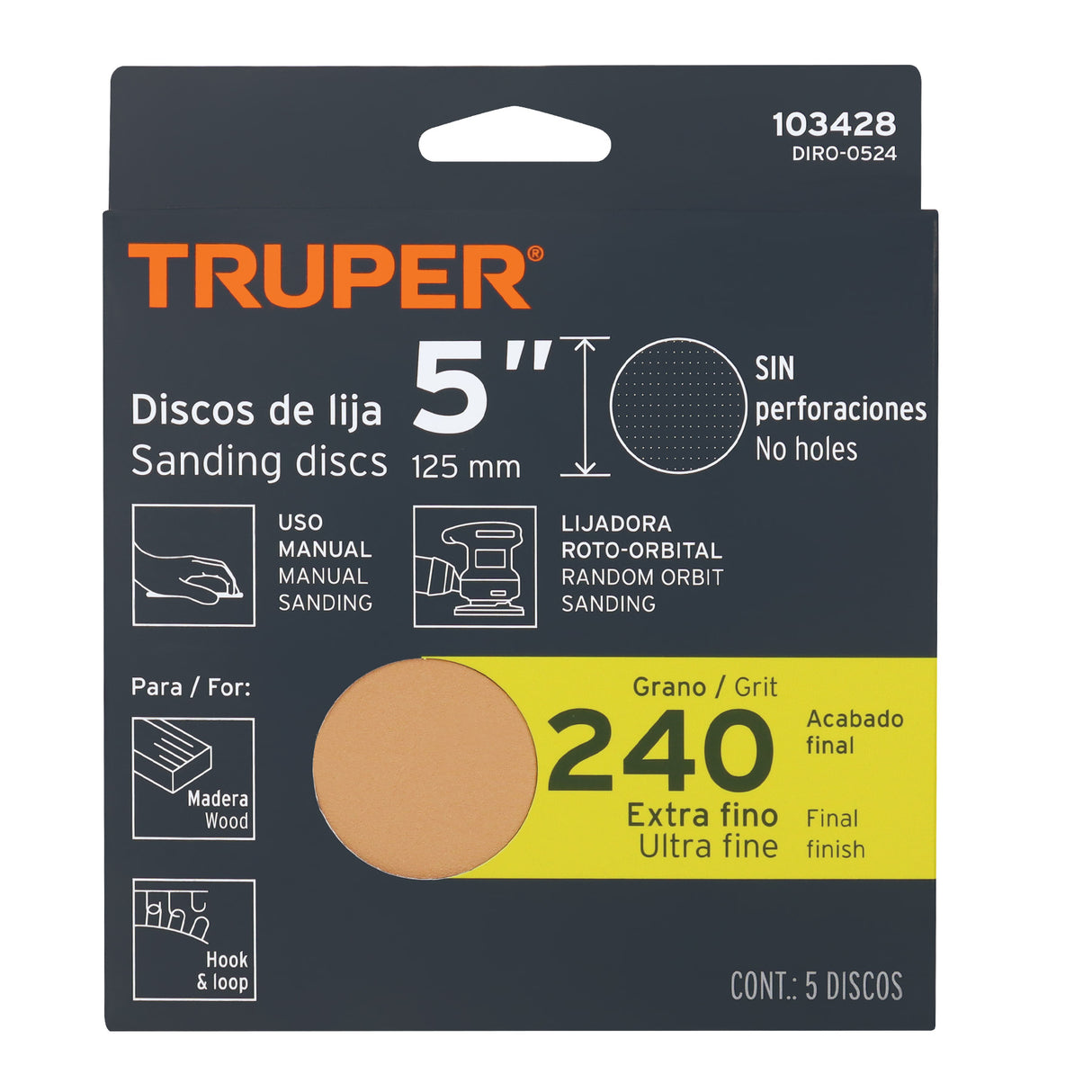 Paquete con 5 Discos de Lija 5' Grano 240, Ciegos, Truper