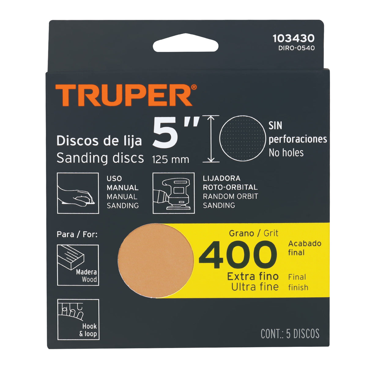 Paquete con 5 Discos de Lija 5' Grano 400, Ciegos, Truper