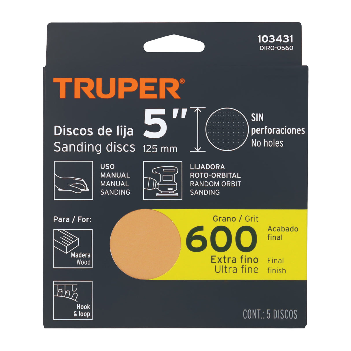 Paquete con 5 Discos de Lija 5' Grano 600, Ciegos, Truper