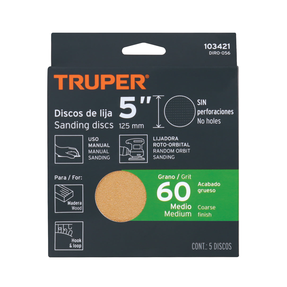 Paquete con 5 Discos de Lija 5' Grano 60, Ciegos, Truper