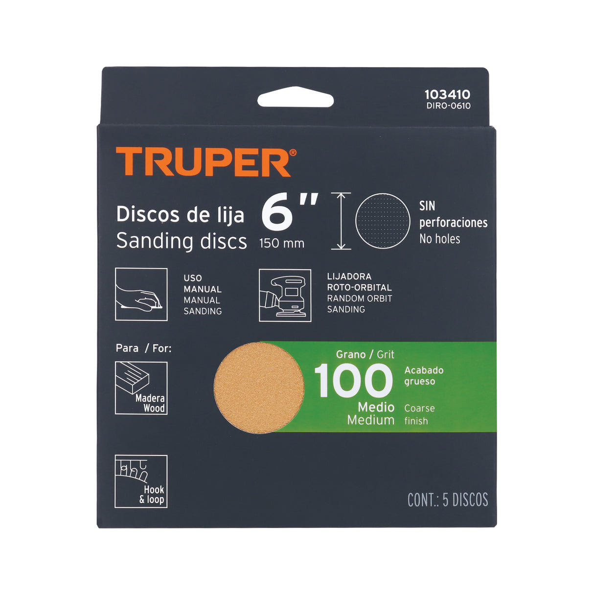 Paquete con 5 Discos de Lija 6' Grano 100, Ciegos, Truper