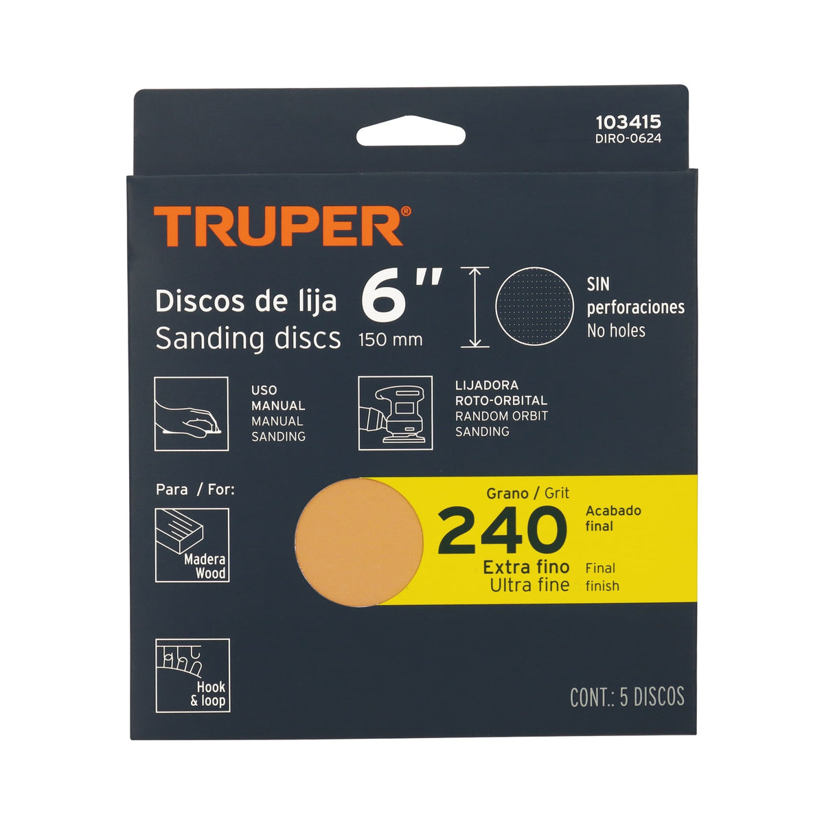 Paquete con 5 Discos de Lija 6' Grano 240, Ciegos, Truper
