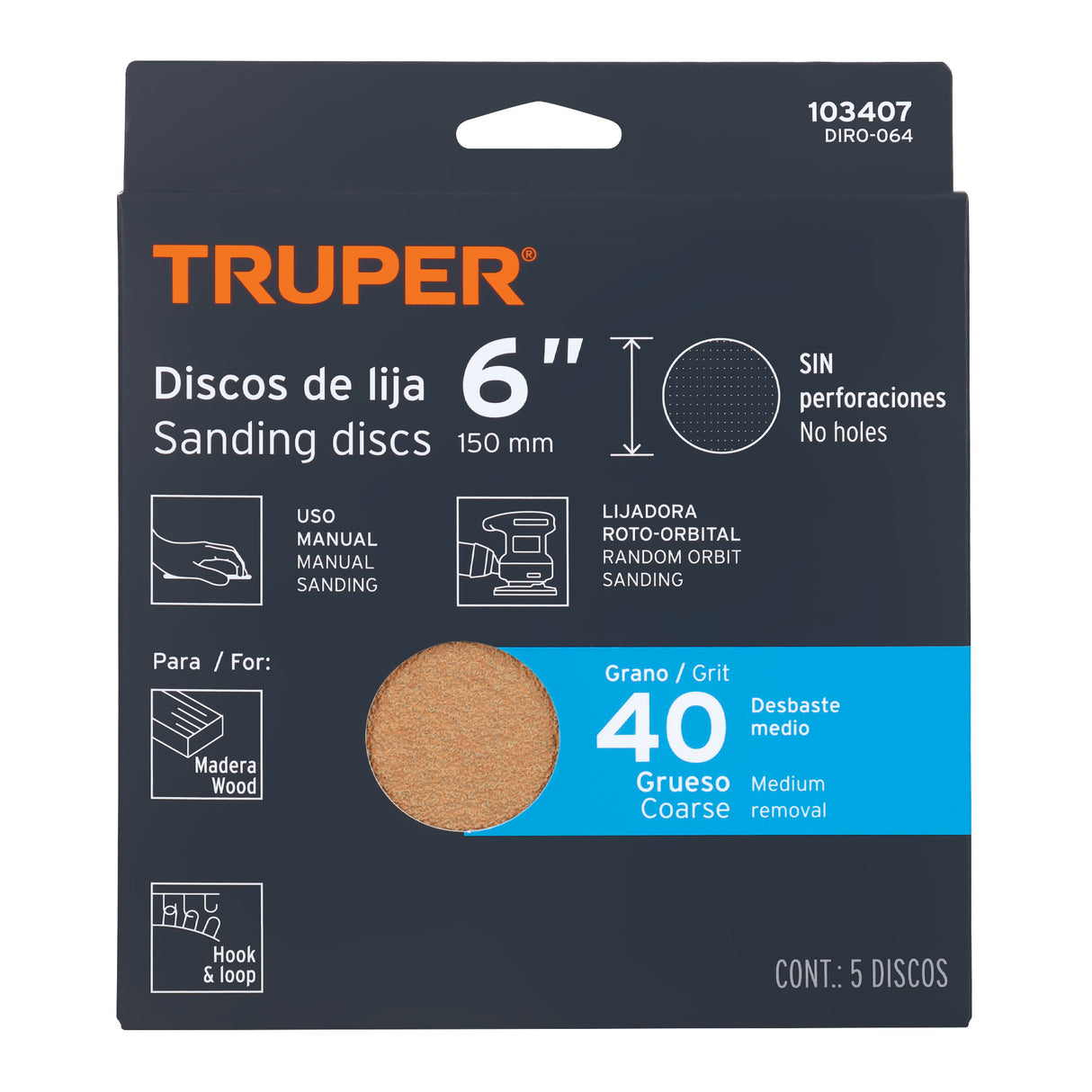 Paquete con 5 Discos de Lija 6' Grano 40, Ciegos, Truper