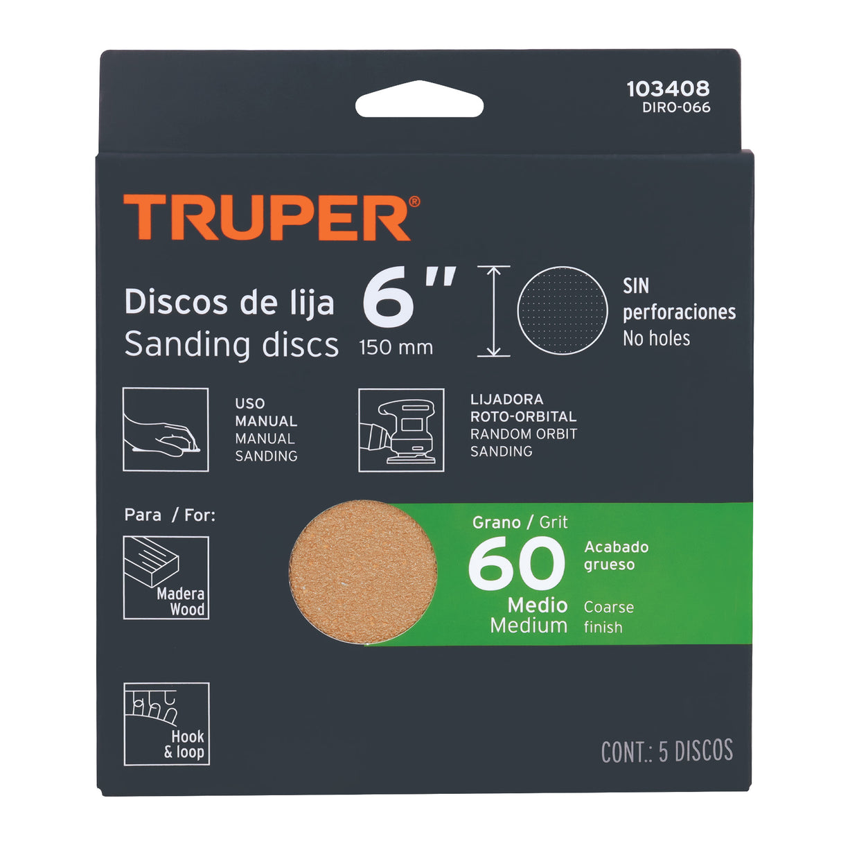 Paquete con 5 Discos de Lija 6' Grano 60, Ciegos, Truper