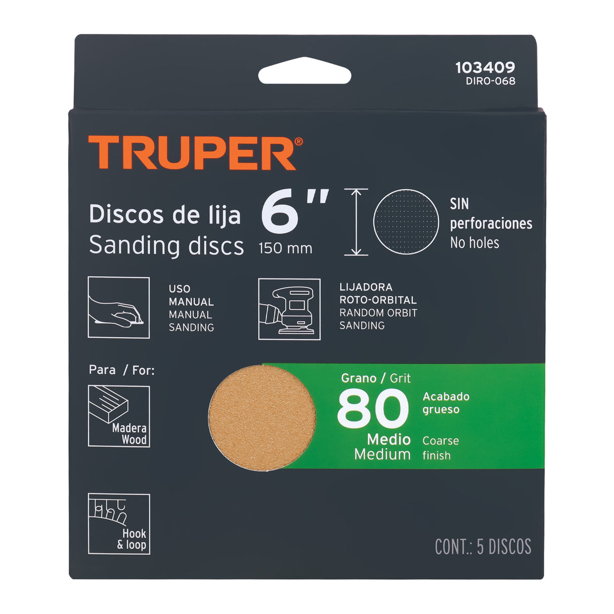 Paquete con 5 Discos de Lija 6' Grano 80, Ciegos, Truper