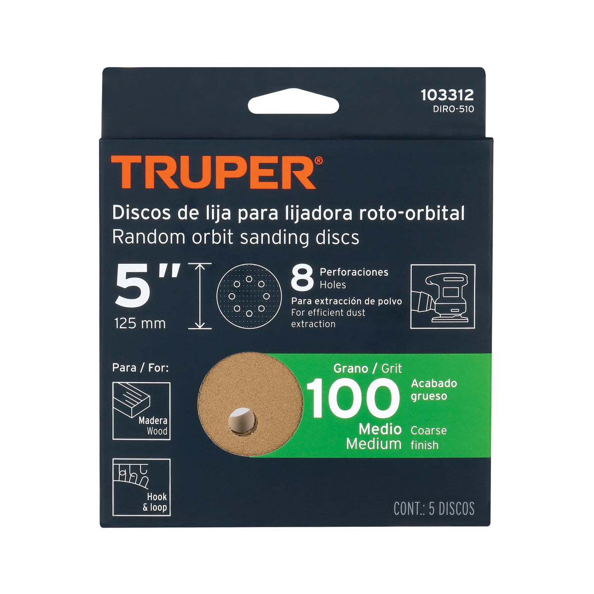 Paquete con 5 Discos de Lija 5' Grano 100, 8 Perforaciones