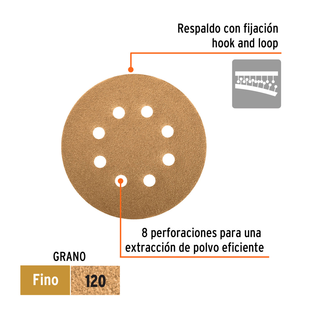 Paquete con 5 Discos de Lija 5' Grano 120, 8 Perforaciones