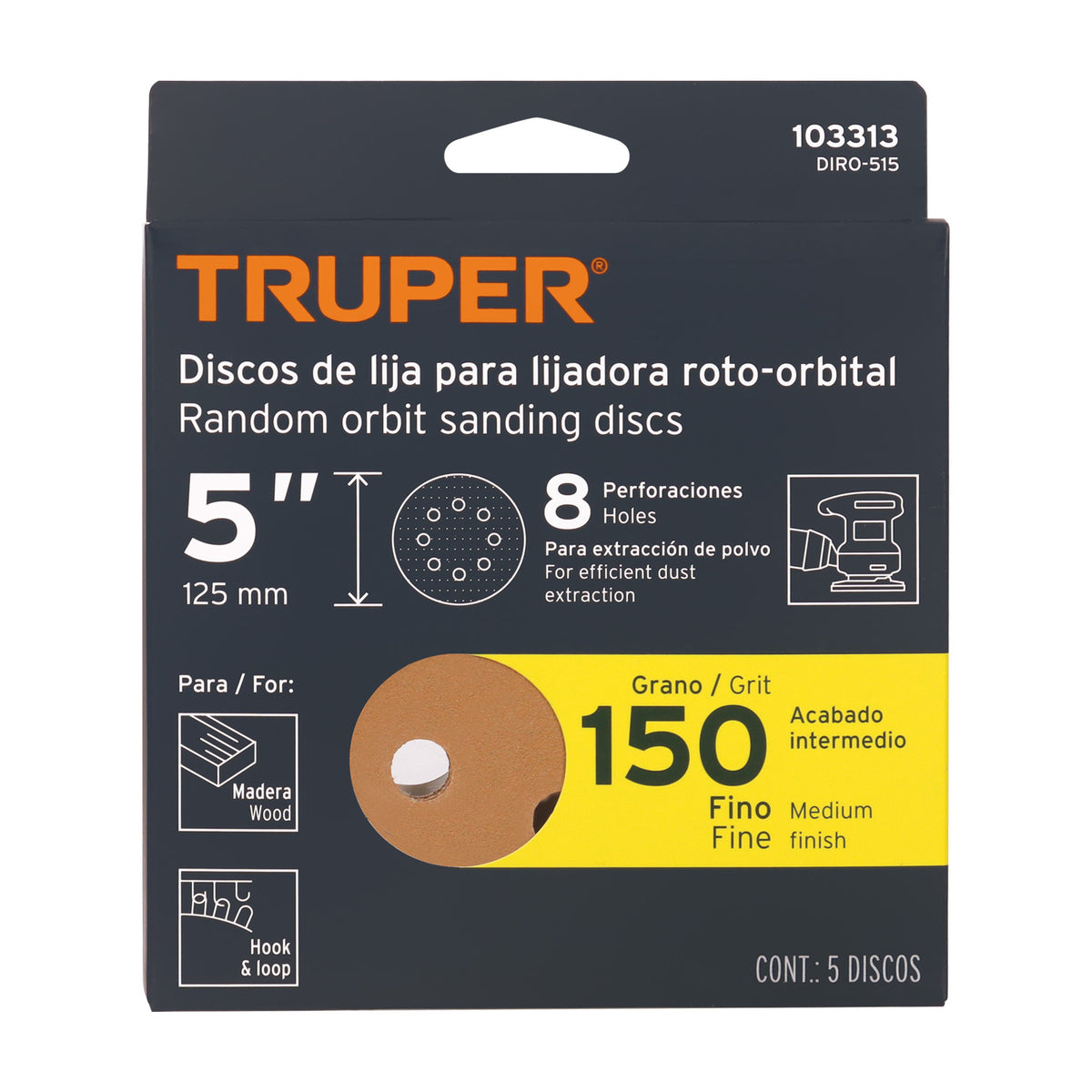 Paquete con 5 Discos de Lija 5' Grano 150, 8 Perforaciones