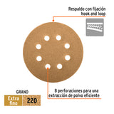 Paquete con 5 Discos de Lija 5' Grano 220, 8 Perforaciones