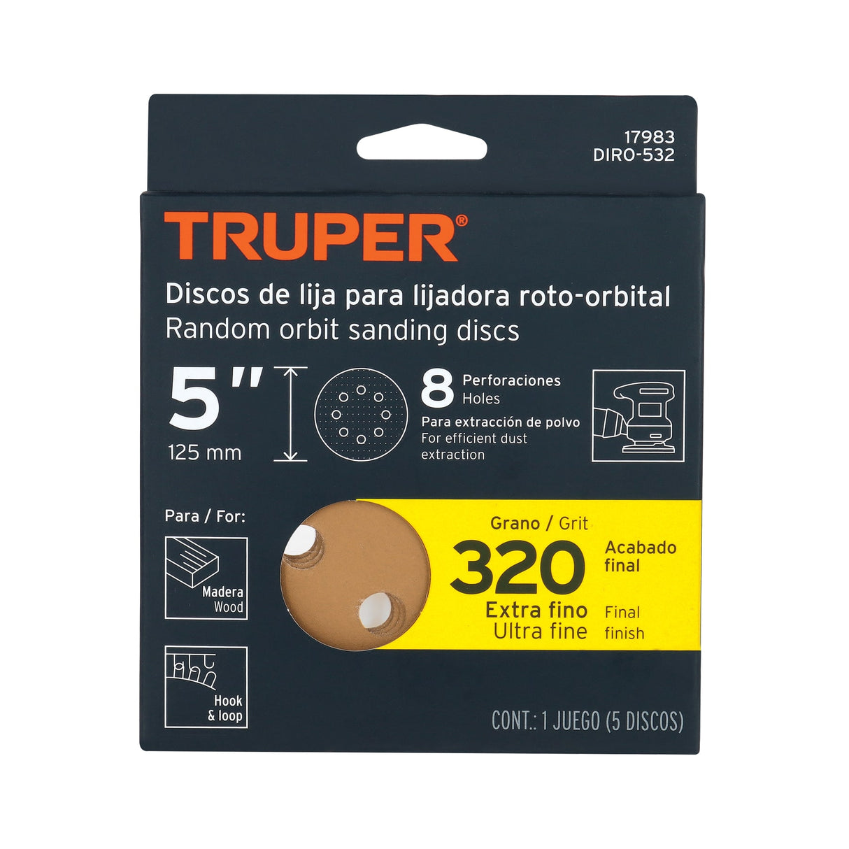 Paquete con 5 Discos de Lija 5' Grano 320, 8 Perforaciones