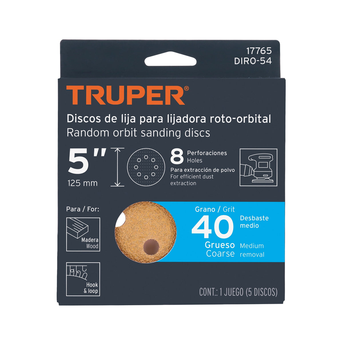 Paquete con 5 Discos de Lija 5' Grano 40, 8 Perforaciones