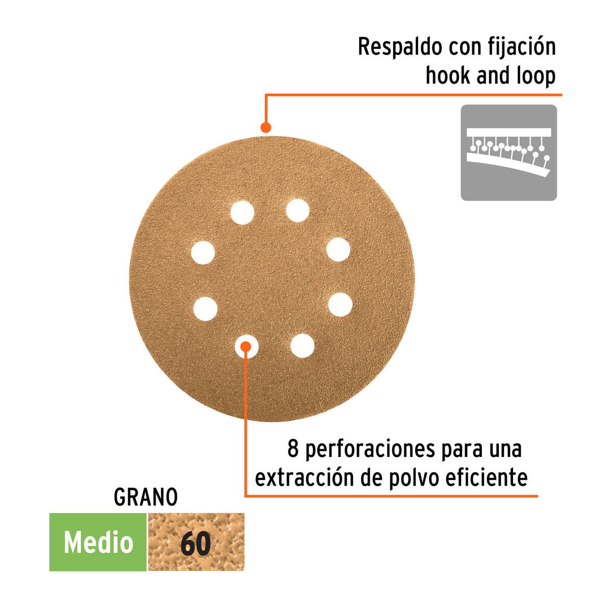 Paquete con 5 Discos de Lija 5' Grano 60, 8 Perforaciones