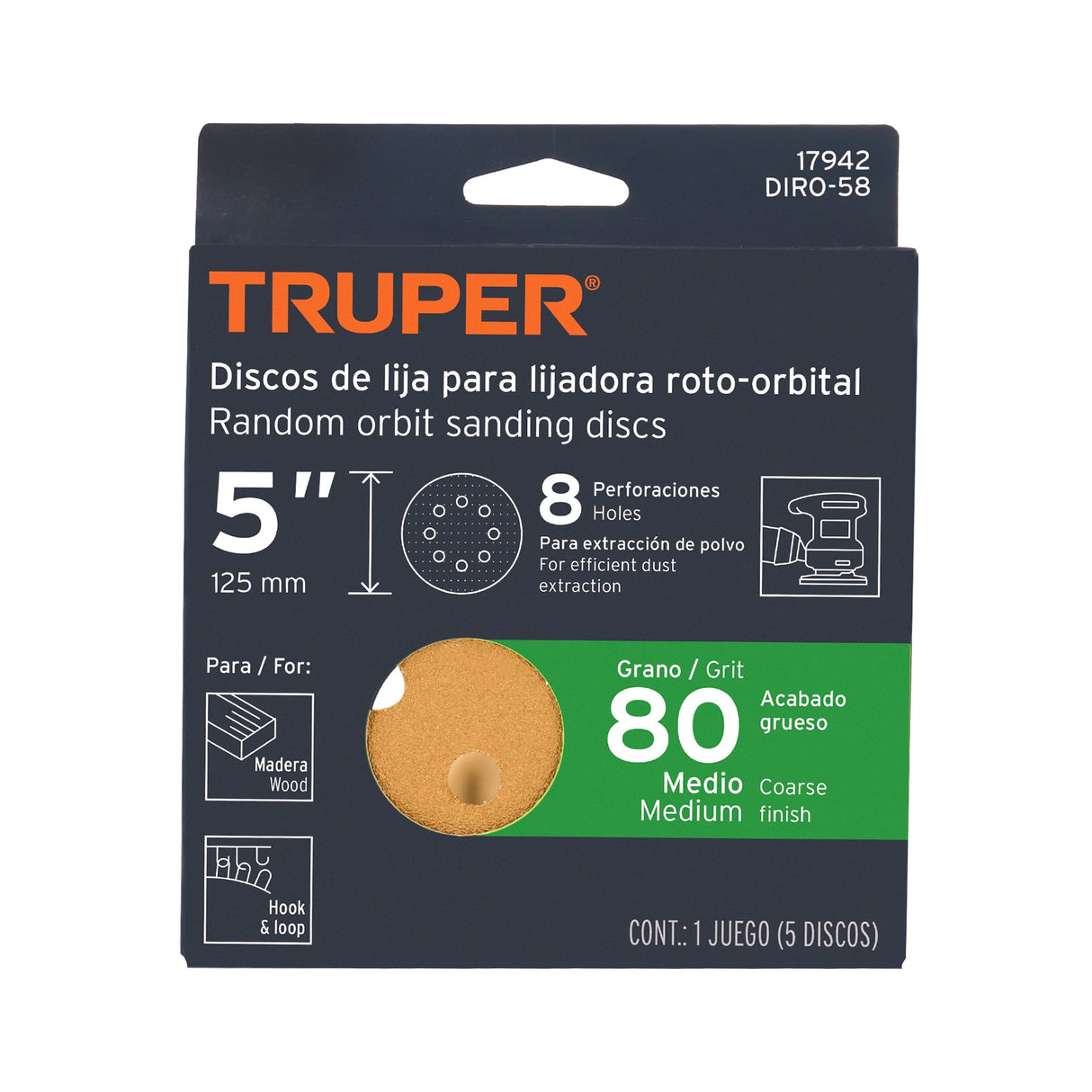 Paquete con 5 Discos de Lija 5' Grano 80, 8 Perforaciones