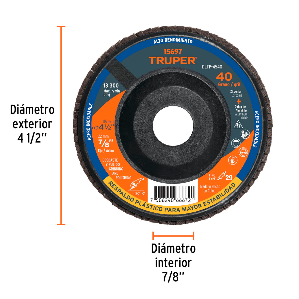 Disco Laminado 4-1/2' Grano 40 Centro 7/8', Plástico, Truper