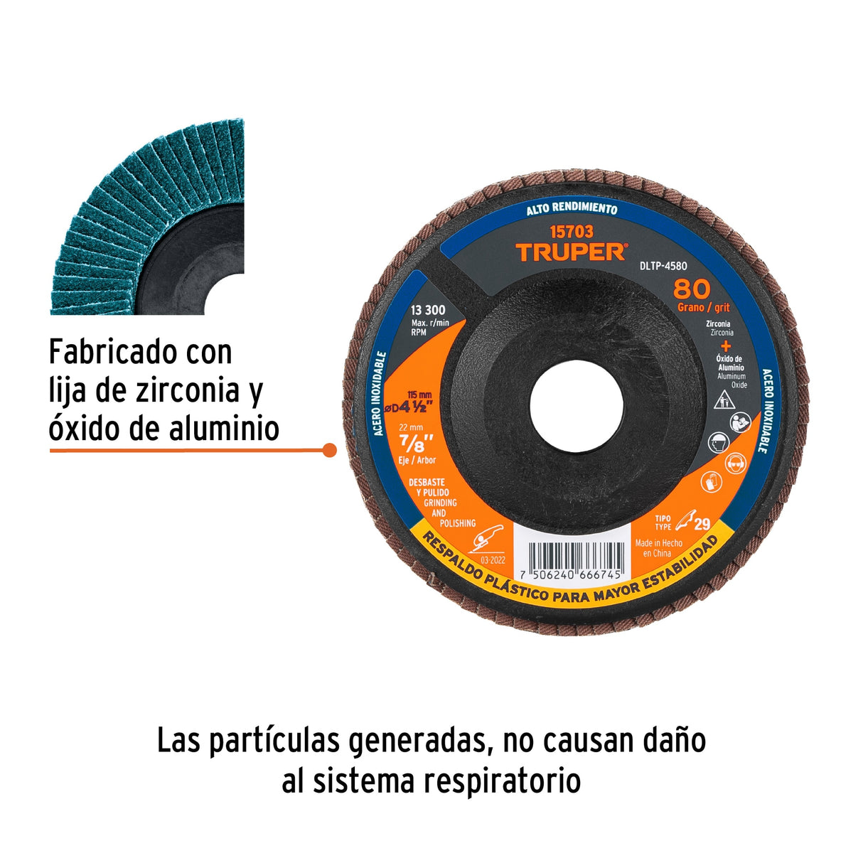 Disco Laminado 4-1/2' Grano 80 Centro 7/8', Plástico, Truper
