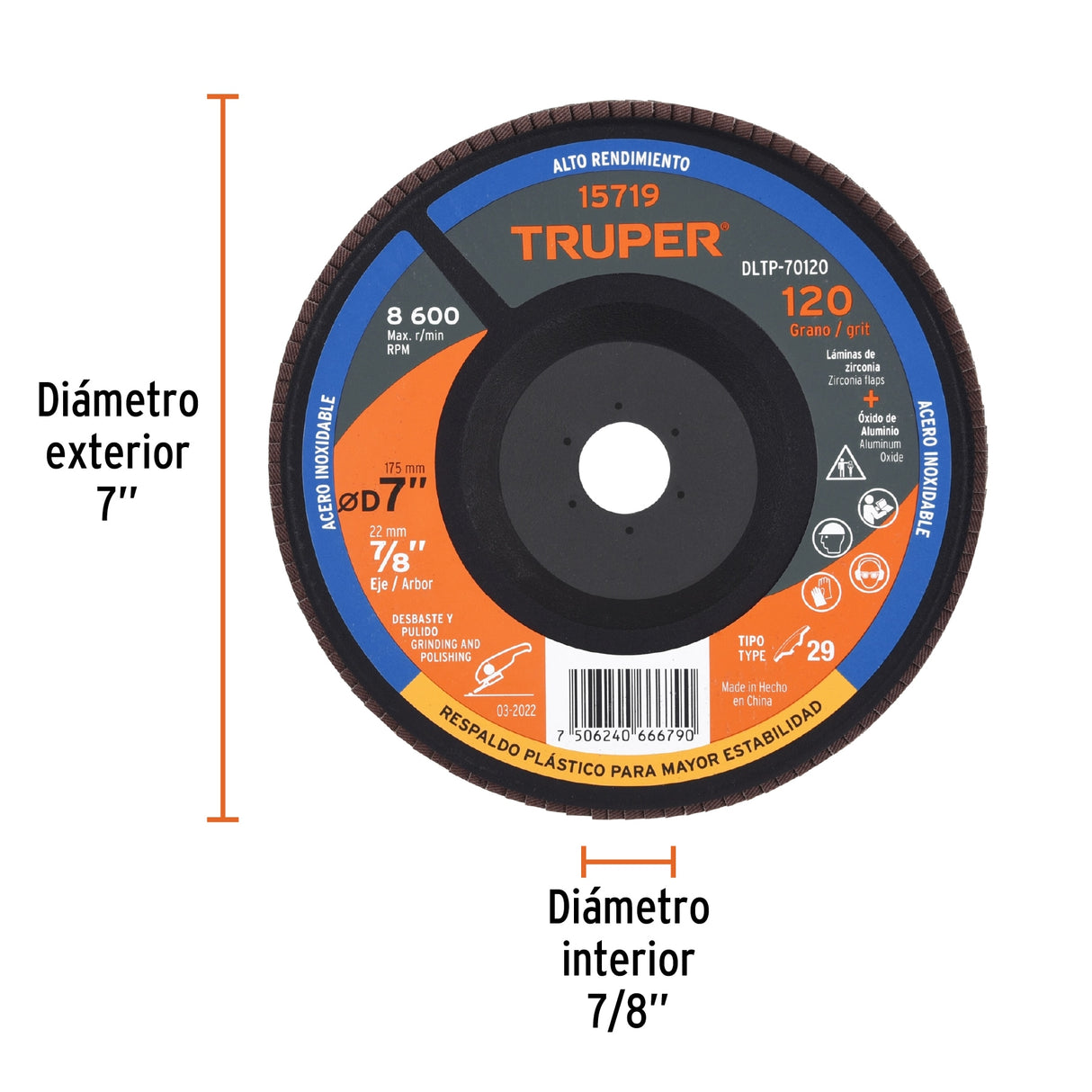 Disco Laminado 7' Grano 120 Centro 7/8', Plástico, Truper